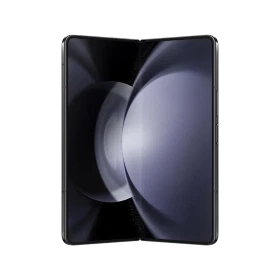Siyah Samsung Galaxy Z Fold5 akıllı telefon, açık katlanmış geniş ekranlı ön vitrin görünümü