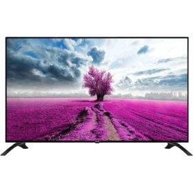Vestel 49UD9360 Ultra HD 4K siyah LED televizyon, mor ağaç manzarası görüntüsüyle önden görünüm