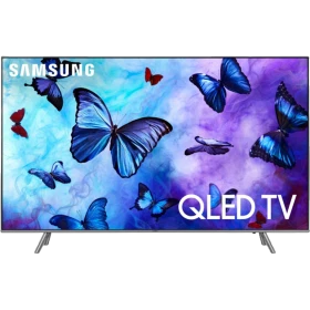 Samsung 65Q6FN Ultra HD 4K QLED TV, genel renkli ekranında mavi-mor kelebekler ve QLED TV yazısı görünüyor