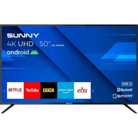 Sunny SN50FMN403 Ultra HD 4K TV, 50 inç ekran ve Android arayüzüyle önden görünüm