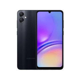Samsung Galaxy A05 siyah akıllı telefonun ön ve arka görünümü, çift arka kamera ve ekran tasarımıyla