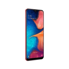 Kırmızı Samsung Galaxy A20 akıllı telefonun ön yüzü, damla çentikli ekran ve ince çerçeve tasarımı