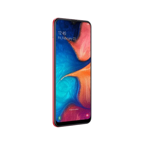 Kırmızı Samsung Galaxy A20 akıllı telefonun ön yüzü, damla çentikli ekran ve ince çerçeve tasarımı