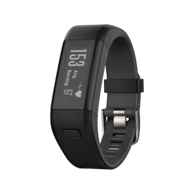 Garmin Vivosmart HR Plus siyah akıllı bileklik, ekranı ve ayarlanabilir kayışıyla önden görünüm