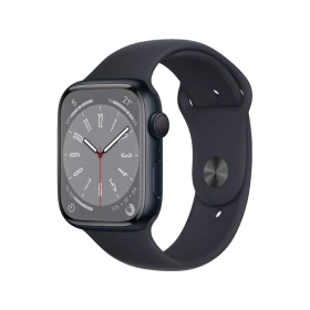 Siyah Apple Watch Series 8 45 mm alüminyum kasa ve spor kordonlu akıllı saat, önden görünüm