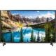 LG 55UJ630V 55 inç Ultra HD 4K LED televizyon; dağ ve göl manzaralı ekran, siyah standlı vitrinde görünüm