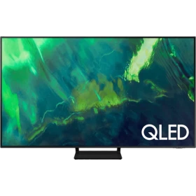 Samsung 75Q70A Ultra HD 4K QLED televizyon; siyah tasarım, QLED logosu ve parlak ekran görüntüsü