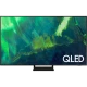 Samsung 75Q70A Ultra HD 4K QLED televizyon; siyah tasarım, QLED logosu ve parlak ekran görüntüsü