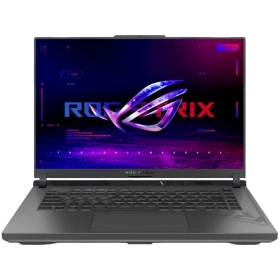 Asus ROG Strix G16 G614JV-N3452 siyah oyuncu laptop ekranında ROG logosu ve RGB oyun arayüzü görünüyor