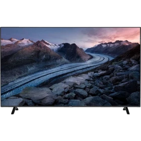Axen AX65FMN503 Ultra HD 4K LED televizyon, siyah çerçeveli ekranında dağ ve buzul manzarası gösteriyor