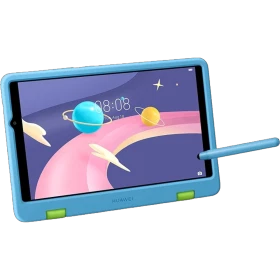 Huawei MatePad T8 Kids Edition çocuk tableti, açık mavi renk, gezegenli çocuk arayüzü ekranda ve kalemli kullanım