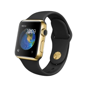 Apple Watch Edition 38 mm akıllı saat, 18 ayar sarı altın kasa ve siyah spor kordonuyla önden görünüm
