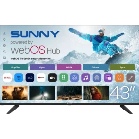 Sunny SN43FMLN-W02S 43 inç televizyon, webOS akıllı arayüzü açık ekranda ve siyah gövdeyle