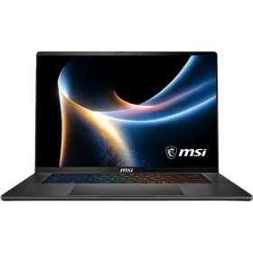 MSI Stealth A16 AI+ B3WI-003TR siyah oyuncu laptop ekranında mavi-turuncu ışık deseni ve MSI logosu görünüyor