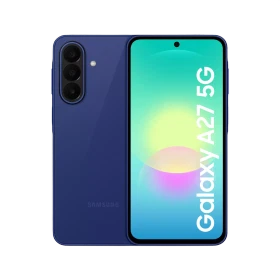 Samsung Galaxy A27 5G mavi akıllı telefon, arka kapak ve ön ekran görünümü ile 5G desteği vurgulu