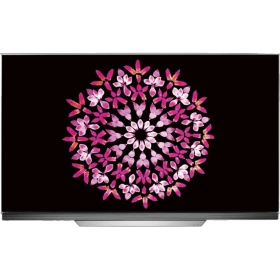 LG OLED65E7V Ultra HD 4K OLED televizyon vitrin görseli, ince çerçeveli siyah ekranda çiçek deseni