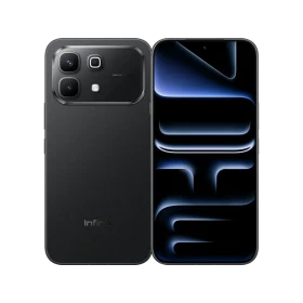 Infinix Note 60 siyah akıllı telefon, ön ekran ve arka kamera modülüyle önden ve arkadan görünüm