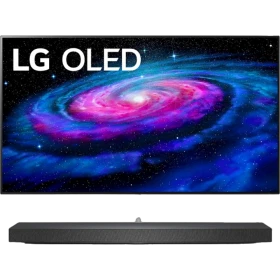 LG OLED65WX9LA Ultra HD 4K OLED televizyon, uzay temalı ekran görüntüsü ile vitrinde sunum, genel renkli