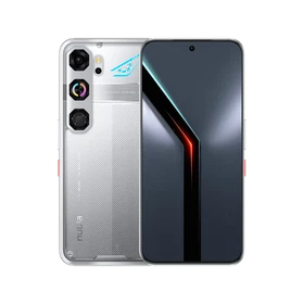 Gümüş Nubia Neo 5 GT 5G akıllı telefon, ön ekran ve arka kapak tasarımıyla vitrinde görünümü