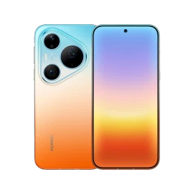 Turuncu Huawei Pura 90 Pro Max akıllı telefonun ön ekranı ve üç kameralı arka tasarımı