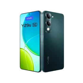 Vivo Y29s 5G yeşil akıllı telefon, ön ekran ve arka kapak çift kamera tasarımıyla vitrin görünümü