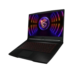 MSI Thin GF63 12VE-066US siyah oyuncu laptop, RGB ışıklı ekran ve klavye görünümlü.