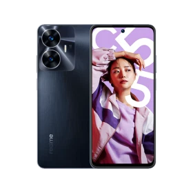 Siyah Realme C55 akıllı telefonun ön ve arka görünümü, çift kamera modülü ve tam ekran tasarımı