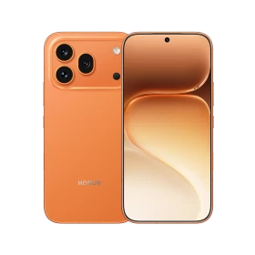 Turuncu Honor 600 Pro akıllı telefon, ön ekran ve üç arka kameralı arka yüz tasarımıyla birlikte