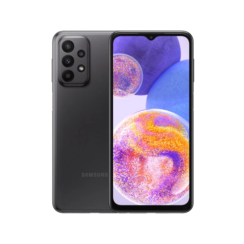 Samsung Galaxy A23 siyah akıllı telefon, ön ekran ve arka çoklu kamera tasarımıyla vitrin görünümü