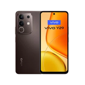 Kahverengi Vivo Y29 5G akıllı telefon, ön ekran ve arka kamera modülü görünümüyle vitrin çekimi