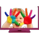 Vestel 22F8510P Full HD LED televizyon, pembe çerçeveli ekranında ellerini boyayan çocuk görüntüsü