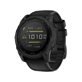 Garmin tactix 8 51mm Solar Elite siyah akıllı saat, yuvarlak ekranı ve silikon kayışıyla önden görünüm