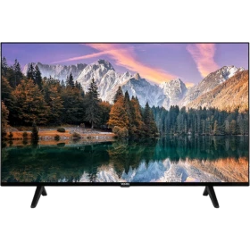 Vestel 43F9600 Full HD LED TV, siyah çerçeveli televizyon ve ayaklarıyla manzara görüntüsü gösteriyor
