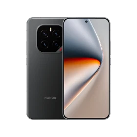 Honor GT Pro siyah akıllı telefonun ön ve arka yüzü, ekran ve dörtlü kamera modülüyle vitrin çekimi