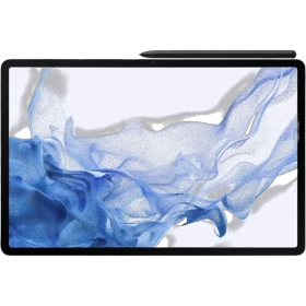Samsung Galaxy Tab S8 Wi-Fi gümüş renkli tablet, ekranda mavi desenle ön görünüm.