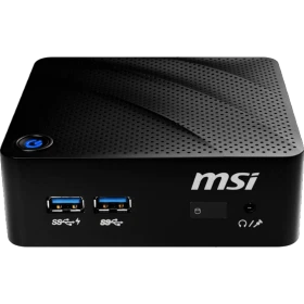 MSI Cubi N 8GL-071TR siyah masaüstü bilgisayar, USB bağlantıları ve güç düğmesiyle önden görünüm