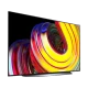LG OLED77CS6LA Ultra HD 4K OLED televizyon; canlı renkli soyut görseller ekranda, genel siyah tasarım.