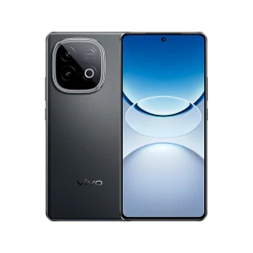 Vivo Y300 GT siyah akıllı telefon, ön ekran ve arka kamera modülüyle birlikte vitrin görünümü