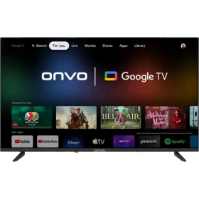 Onvo 42OVF9000F Full HD FHD LED televizyon, Google TV arayüzü açık siyah ekranıyla önden görünür.