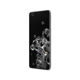 Gri Samsung Galaxy S20 Ultra akıllı telefon, kavisli ekran ve ince çerçeveyle önden görünüm