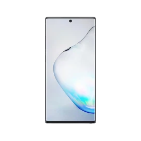 Samsung Galaxy Note 10 siyah akıllı telefon, önden görünüm tam ekran tasarım ve ön kamera detayı