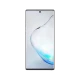 Samsung Galaxy Note 10 siyah akıllı telefon, önden görünüm tam ekran tasarım ve ön kamera detayı