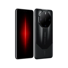 Huawei Mate 60 RS Ultimate siyah akıllı telefon, ön ekran ve arka çoklu kamera tasarımıyla görünüm