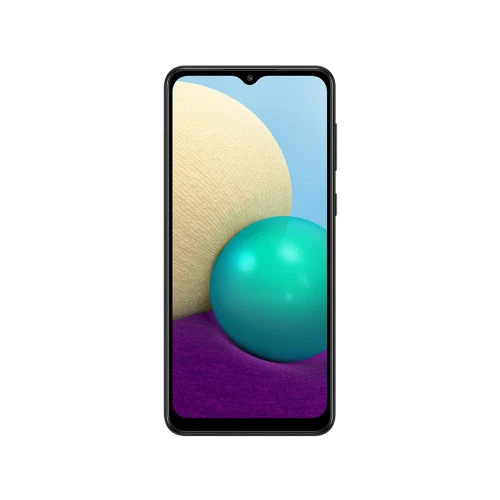 Samsung Galaxy A02 siyah akıllı telefon, önden görünüm ve damla çentikli geniş ekran tasarımı