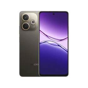 Oppo A5 Pro 4G kahverengi akıllı telefon, ön ekran ve arka kamera tasarımıyla vitrin görünümü