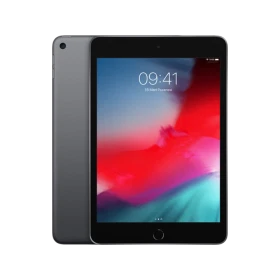 Apple iPad Mini 5 64 GB 4G gri tablet ön arka görünüm, canlı ekran ve ev tuşu ile vitrinde