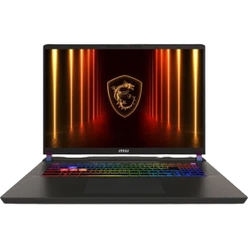 MSI Vector 17 HX AI A2XWHG-086TR koyu gri oyuncu laptop; RGB klavye ve Dragon Shield arayüzü görünüyor