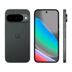 Siyah Google Pixel 10 akıllı telefonun ön, arka ve yan görünümleri