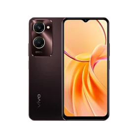 Vivo Y28 5G kahverengi akıllı telefon, ön ekran ve arka çift kamera tasarımıyla vitrin görünümü