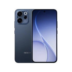 Oppo Reno 15 F mavi akıllı telefon, ön ekran ve arka çoklu kamera tasarımıyla vitrin görünümü